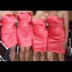 DAVIDS BRIDAL Strapless Cocktail Dress Satin Bridesmaid Coral Pleated Worn Once